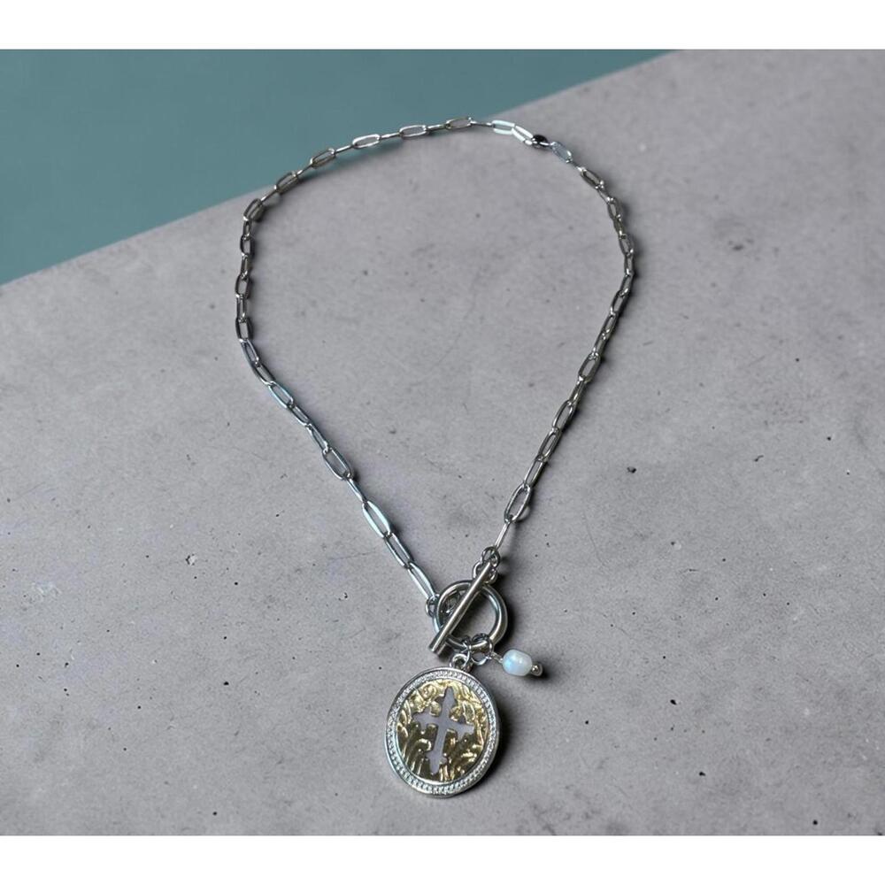 Cross Coin Charm Toggle Necklace